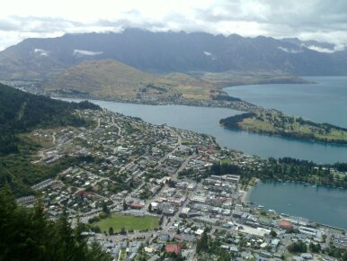 view from the top of the gondola (cable car) across queenstown